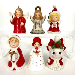 6 Vintage Christmas bells Goebel Lefton Enesco Holly Hobby figures angels girls